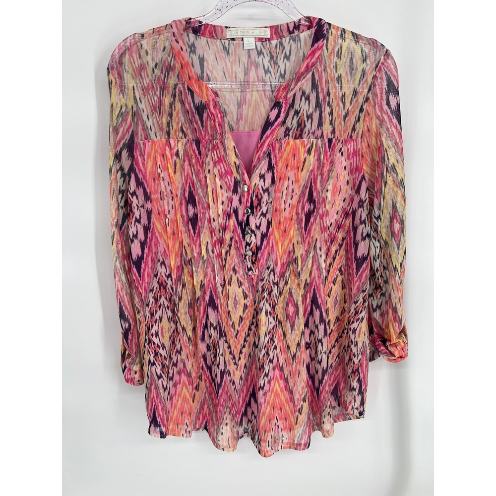 Juniper + Lime Pink Ikat Mesh Tunic Blouse Roll Tab Sleeve Womens Large